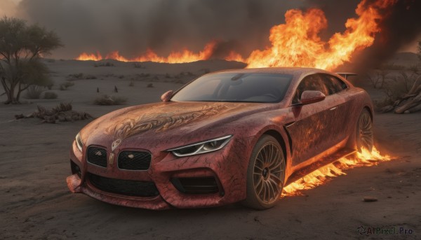 A striking fiery outdoors featuring the elegance of a motor vehicle