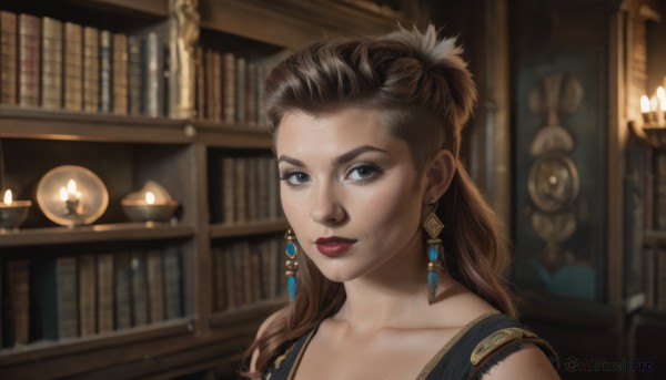 1girl,solo,long hair,looking at viewer,brown hair,jewelry,closed mouth,collarbone,earrings,indoors,blurry,black eyes,lips,book,makeup,blurry background,lipstick,portrait,freckles,realistic,nose,bookshelf,red lips,candle,library,brown eyes,parted lips