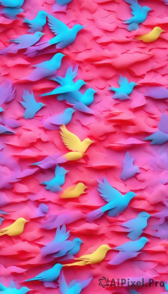 no humans,bird,animal,from above,flying,animal focus,too many,odd one out,flock,solo,scenery,pink theme,colorful,surreal