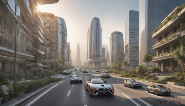 outdoors,sky,day,tree,no humans,plant,ground vehicle,building,scenery,motor vehicle,city,car,road,bush,cityscape,vehicle focus,lamppost,street,skyscraper,sports car,crosswalk,real world location