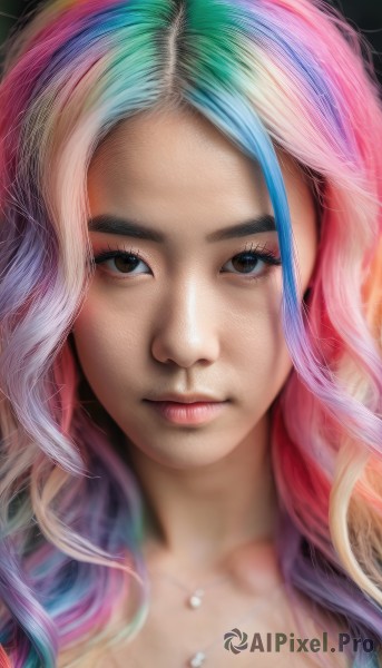 1girl,solo,long hair,looking at viewer,bangs,brown eyes,closed mouth,blue hair,pink hair,multicolored hair,artist name,blurry,two-tone hair,lips,eyelashes,makeup,portrait,eyeshadow,realistic,nose,rainbow hair,jewelry,necklace,streaked hair,watermark,close-up