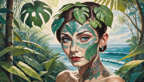 1girl,solo,looking at viewer,smile,short hair,blue eyes,brown hair,bare shoulders,jewelry,collarbone,earrings,outdoors,sky,day,cloud,water,aqua eyes,tree,lips,eyelashes,tattoo,makeup,ocean,leaf,beach,plant,lipstick,portrait,palm tree,red lips,palm leaf,black hair,upper body,signature,facial mark,facepaint,facial tattoo,waves