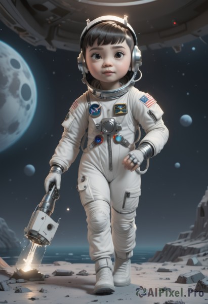 1girl,solo,looking at viewer,short hair,brown hair,black hair,gloves,holding,brown eyes,standing,full body,weapon,white gloves,fingerless gloves,water,black eyes,lips,hand on hip,gun,moon,child,star (sky),science fiction,rock,realistic,space,planet,earth (planet),american flag,spacecraft,debris,spacesuit,japanese flag,space helmet,astronaut,bangs,parted lips,white footwear,full moon,headset,walking,nose,flag