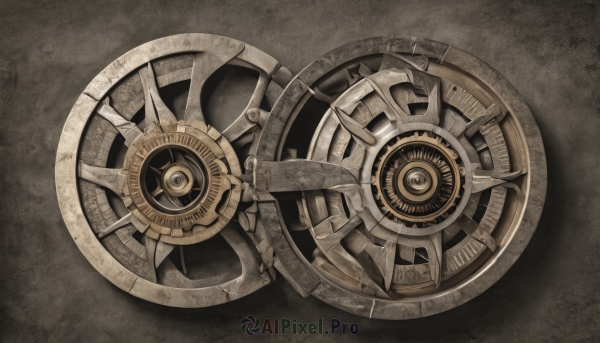 monochrome,grey background,no humans,gears,brown theme,still life,wheel,steampunk,solo,weapon,from above,clock,roman numeral