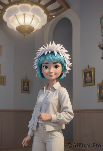 1girl,solo,looking at viewer,smile,short hair,blue eyes,shirt,long sleeves,closed mouth,blue hair,standing,jacket,white shirt,cowboy shot,small breasts,open clothes,collared shirt,pants,indoors,lips,aqua hair,white jacket,feathers,white pants,unbuttoned,lamp,blush,1boy,green eyes,male focus,male child