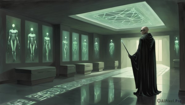 solo,1boy,holding,standing,male focus,indoors,hood,from behind,cape,cloak,reflection,robe,wand,tiles,bald,tile floor,hooded cloak,green theme,holding wand,black cloak,hallway,reflective floor,no humans,glowing,staff,scenery,floating,science fiction,fantasy,holding staff,magic circle,multiple others,statue