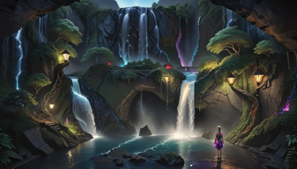 1girl,solo,long hair,blonde hair,standing,boots,water,from behind,tree,glowing,plant,nature,scenery,forest,monster,lantern,rock,fantasy,dragon,waterfall,cave,moss,overgrown,outdoors,facing away,bridge