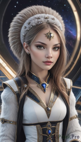 1girl,solo,long hair,breasts,looking at viewer,brown hair,long sleeves,dress,brown eyes,jewelry,closed mouth,upper body,earrings,small breasts,choker,white dress,lips,grey eyes,fur trim,eyelashes,makeup,gem,star (sky),corset,freckles,realistic,nose,headdress,red lips,cleavage,medium breasts,parted lips,necklace