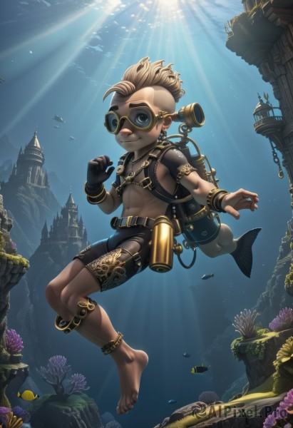 solo,smile,blonde hair,gloves,1boy,navel,jewelry,full body,male focus,earrings,shorts,barefoot,necklace,bag,bracelet,feet,sunlight,dark-skinned male,backpack,goggles,fish,bubble,topless male,light rays,underwater,anklet,air bubble,male child,monster boy,swimming,turtle,coral,blue eyes,dark skin,water,abs,child,dolphin