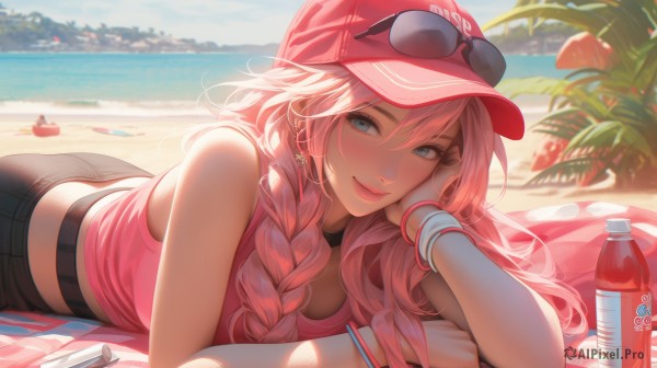 1girl,solo,long hair,breasts,looking at viewer,blush,smile,bangs,blue eyes,large breasts,shirt,hat,cleavage,hair between eyes,bare shoulders,jewelry,medium breasts,closed mouth,pink hair,ass,braid,earrings,outdoors,lying,sky,shorts,sleeveless,choker,day,midriff,pants,water,blurry,twin braids,bracelet,tree,blue sky,lips,crop top,sleeveless shirt,makeup,depth of field,blurry background,ocean,black choker,beach,black pants,sunglasses,tank top,bottle,on stomach,towel,wristband,hair over shoulder,baseball cap,red headwear,eyewear on head,hand on own face,pink shirt,head rest,pink lips,sand,palm tree,pink headwear,water bottle,mascara,sunlight,denim,denim shorts,beach towel