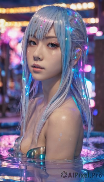 1girl,solo,long hair,breasts,looking at viewer,bangs,blue eyes,cleavage,bare shoulders,jewelry,medium breasts,blue hair,swimsuit,upper body,grey hair,nude,earrings,small breasts,parted lips,shiny,water,blurry,black eyes,lips,wet,grey eyes,depth of field,blurry background,piercing,partially submerged,freckles,realistic,nose,pool,wet hair,collarbone,sidelocks,artist name,shiny skin,eyelashes,strapless,night,watermark