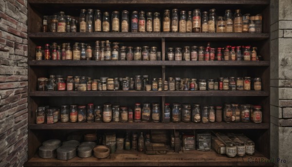 indoors,cup,no humans,bottle,scenery,alcohol,brick wall,shelf,wine bottle,jar,bar (place),barrel,whiskey,bowl,wall,shop,still life,counter,stone wall