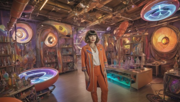 1girl,solo,looking at viewer,smile,short hair,bangs,shirt,black hair,brown eyes,jewelry,closed mouth,standing,jacket,white shirt,open clothes,pants,indoors,blunt bangs,water,necklace,black eyes,cup,lips,coat,makeup,table,bottle,robot,lipstick,box,pendant,floating,science fiction,open coat,bookshelf,red lips,cable,red pants,shelf,jumpsuit,orange jacket,jar,wrench,spacecraft,machine,telescope,orange pants,hourglass,loaded interior,open mouth,long sleeves,1boy,:d,earrings,bracelet,book,glowing,curtains,scenery,wooden floor,fantasy,arms at sides,clock,lamp,cardboard box,floating object,gears,speaker,wire,light bulb,industrial pipe,cabinet