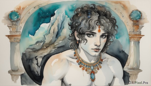 solo,black hair,1boy,jewelry,upper body,male focus,earrings,necklace,grey eyes,gem,topless male,planet,pillar,looking at viewer,piercing,circlet