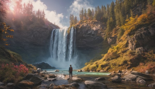 solo, 1boy, standing, male focus, outdoors, sky, day, cloud, water, tree, sunlight, nature, scenery, forest, rock, mountain, waterfall, landscape