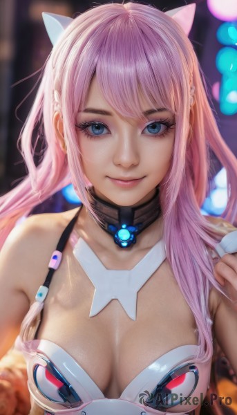 1girl,solo,long hair,breasts,looking at viewer,smile,bangs,blue eyes,animal ears,cleavage,bare shoulders,medium breasts,closed mouth,collarbone,upper body,pink hair,choker,shiny,blurry,leotard,lips,eyelashes,makeup,blurry background,piercing,eyeshadow,realistic,nose,eyeliner,mascara,sidelocks,artist name,cat ears,signature,star (symbol),detached collar,depth of field,fake animal ears,close-up