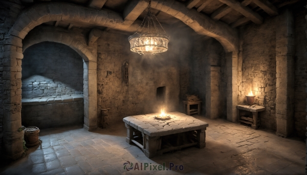 HQ,artist name,indoors,signature,no humans,window,watermark,chair,table,fire,plant,scenery,lantern,wooden floor,stairs,door,light,lamp,candle,wall,torch,candlestand,stone floor,stone wall,fireplace,wooden chair,night,fantasy,potted plant,pillar,arch,barrel