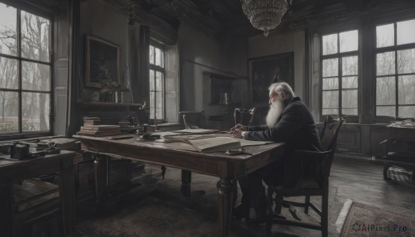 solo,long hair,long sleeves,1boy,holding,sitting,jacket,white hair,grey hair,male focus,day,pants,indoors,hood,black footwear,from side,tree,cup,coat,black jacket,book,window,facial hair,chair,table,plant,scenery,beard,snow,desk,teacup,black coat,wooden floor,paper,mustache,potted plant,lamp,candle,wide shot,old,on chair,saucer,old man,bare tree,book stack,painting (object),quill,candlestand,chandelier,wooden table,inkwell,glasses,profile,robe,open book,map,writing,wooden chair