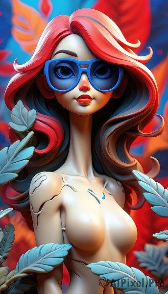 1girl,solo,long hair,breasts,looking at viewer,smile,blue eyes,navel,medium breasts,collarbone,upper body,nude,red hair,multicolored hair,small breasts,wings,blurry,two-tone hair,lips,makeup,colored skin,leaf,sunglasses,bug,lipstick,red lips,tinted eyewear,no nipples,blue-tinted eyewear,closed mouth,artist name,blue-framed eyewear