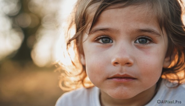 1girl,solo,looking at viewer,brown hair,shirt,brown eyes,closed mouth,white shirt,blurry,lips,grey eyes,eyelashes,depth of field,blurry background,expressionless,child,portrait,close-up,realistic,nose,female child,bokeh,short hair,bangs,parted lips