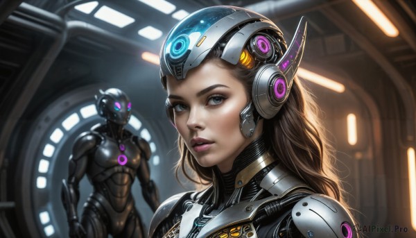 HQ,1girl,long hair,looking at viewer,blue eyes,brown hair,1boy,upper body,parted lips,solo focus,armor,lips,bodysuit,makeup,glowing,headgear,helmet,robot,science fiction,realistic,nose,cyborg,power armor,neon trim,cyberpunk,indoors,eyeshadow