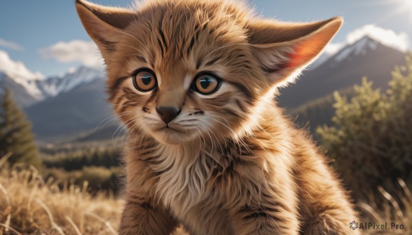 solo,looking at viewer,brown eyes,closed mouth,outdoors,sky,day,cloud,blurry,tree,blue sky,no humans,depth of field,blurry background,animal,cat,grass,nature,mountain,realistic,sun,animal focus,whiskers,mountainous horizon,signature,sunlight,scenery,fox