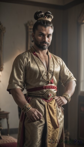 solo,looking at viewer,smile,black hair,1boy,brown eyes,jewelry,closed mouth,standing,collarbone,short sleeves,male focus,cowboy shot,belt,pants,indoors,necklace,hair bun,blurry,black eyes,bracelet,sash,depth of field,blurry background,feet out of frame,facial hair,chinese clothes,table,single hair bun,beard,hands on hips,robe,realistic,mustache,topknot,hair ornament,earrings,hair stick