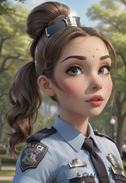 1girl,solo,long hair,looking at viewer,blue eyes,brown hair,shirt,jewelry,upper body,ponytail,earrings,outdoors,parted lips,necktie,sky,teeth,day,collared shirt,blurry,uniform,tree,lips,grey eyes,eyelashes,blurry background,facial mark,thick eyebrows,blue shirt,portrait,black necktie,forehead,freckles,pocket,forehead mark,stud earrings,breast pocket,badge,police,police uniform,policewoman,police hat,blush,solo focus,artist name,depth of field,eyewear on head,epaulettes,realistic,nose