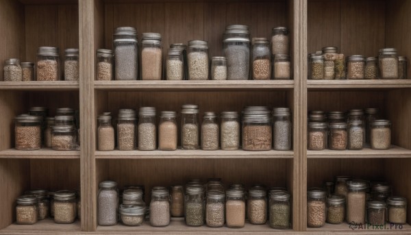 indoors,no humans,bottle,scenery,realistic,can,shelf,jar,still life,shop