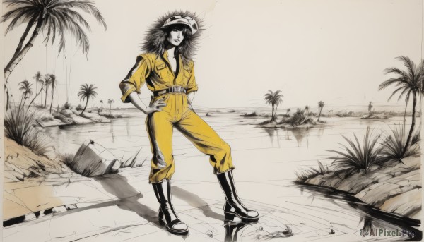 1girl,solo,long hair,breasts,smile,black hair,standing,monochrome,full body,boots,outdoors,belt,water,black footwear,tree,hand on hip,goggles,sleeves rolled up,palm tree,bucket,jumpsuit,mask,hands on hips,afro