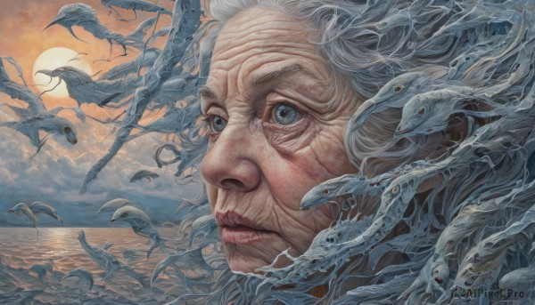 1girl,solo,blue eyes,1boy,closed mouth,white hair,male focus,outdoors,sky,cloud,water,lips,grey eyes,ocean,animal,scar,moon,portrait,monster,snake,realistic,fantasy,sun,old,old man,old woman,wrinkled skin,grey hair,bird,cloudy sky,plant,horizon,flock