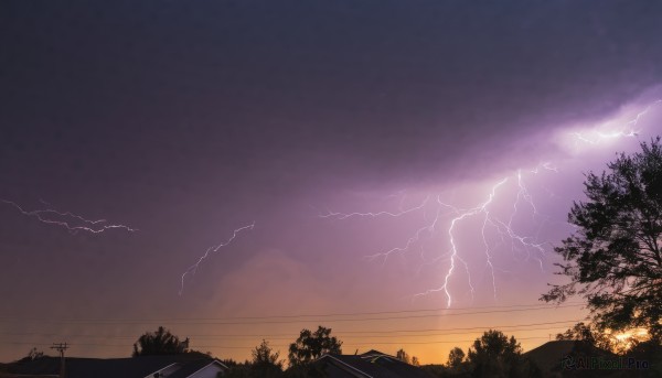 outdoors,sky,cloud,tree,no humans,building,scenery,sunset,fence,electricity,house,power lines,utility pole,lightning,ocean,cloudy sky,nature,forest,horizon,dark,landscape