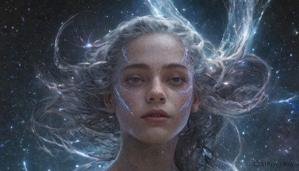 1girl,solo,long hair,looking at viewer,green eyes,white hair,grey hair,parted lips,lips,floating hair,glowing,looking up,portrait,star (sky),starry sky,freckles,realistic,nose,space,sky,water,forehead,electricity,constellation