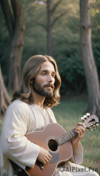 solo,brown hair,shirt,long sleeves,1boy,holding,brown eyes,sitting,closed mouth,white shirt,male focus,outdoors,day,pants,artist name,signature,medium hair,blurry,tree,depth of field,blurry background,facial hair,grass,bug,butterfly,instrument,nature,beard,forest,realistic,mustache,music,guitar,playing instrument,holding instrument,lute (instrument),acoustic guitar,dress,looking up,stubble