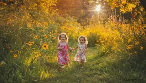 looking at viewer,smile,short hair,open mouth,multiple girls,blonde hair,brown hair,hair ornament,dress,2girls,bare shoulders,closed mouth,standing,closed eyes,flower,:d,outdoors,barefoot,sleeveless,day,hair flower,dark skin,white dress,blurry,dark-skinned female,tree,bare arms,sleeveless dress,holding hands,siblings,leaf,floral print,sandals,happy,sunlight,standing on one leg,grass,sisters,child,pink dress,nature,scenery,walking,running,twins,yellow flower,sunflower,female child,sundress,field,wide shot,flower field,print dress,short sleeves,shoes,hand up,looking at another