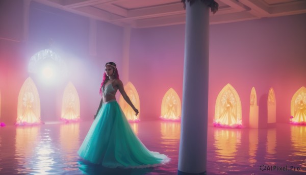 1girl,solo,long hair,breasts,skirt,black hair,dress,navel,bare shoulders,jewelry,standing,braid,flower,multicolored hair,midriff,indoors,dark skin,water,dark-skinned female,single braid,strapless,sunlight,green skirt,wading,backlighting,reflection,sunset,long skirt,pool,pillar,column,looking at viewer,gloves,elbow gloves,necklace,crop top,ripples