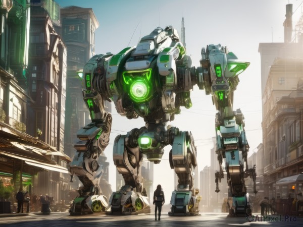 1girl,standing,weapon,outdoors,multiple boys,sky,solo focus,day,gun,glowing,robot,ground vehicle,building,mecha,motor vehicle,walking,science fiction,city,car,road,police,power lines,street,traffic light,multiple girls,scenery,6+boys,silhouette,crowd