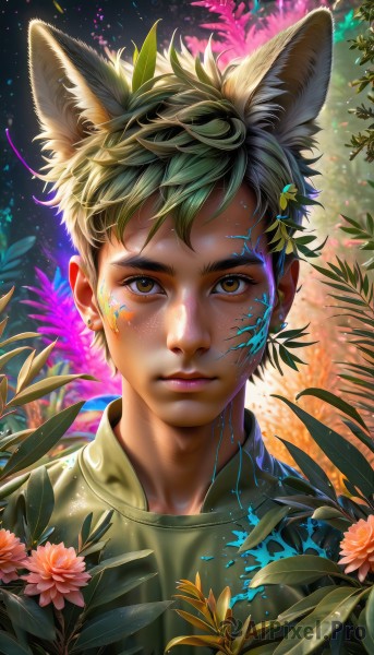 solo,looking at viewer,short hair,shirt,1boy,animal ears,brown eyes,closed mouth,upper body,flower,male focus,green hair,artist name,cat ears,signature,lips,animal ear fluff,fox ears,leaf,watermark,plant,portrait,extra ears,pink flower,freckles,realistic,nose,green shirt,bangs,brown hair,jewelry,yellow eyes,multicolored hair,earrings,glowing,wolf ears,yellow shirt,paint splatter