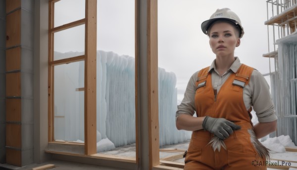 1girl,solo,looking at viewer,short hair,blue eyes,shirt,black hair,gloves,1boy,hat,white shirt,male focus,collared shirt,indoors,lips,window,white headwear,baseball cap,sleeves rolled up,arm behind back,realistic,overalls,paintbrush,dirty,grey gloves,jumpsuit,brown hair,holding,brown eyes,uniform,black eyes,vest,knife,zipper,unzipping