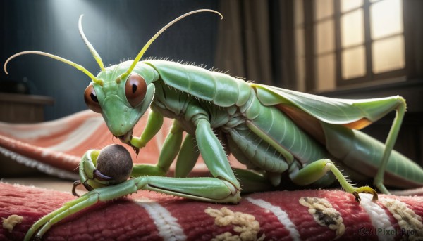 HQ,solo,brown eyes,full body,lying,indoors,blurry,black eyes,pokemon (creature),no humans,window,bed,depth of field,blurry background,bug,curtains,claws,realistic,antennae,insect wings,looking at viewer,holding,animal,all fours,microphone,animal focus,carpet