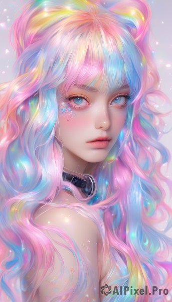 1girl,solo,long hair,breasts,looking at viewer,blush,bangs,blue eyes,simple background,bare shoulders,closed mouth,blue hair,upper body,pink hair,multicolored hair,choker,artist name,collar,from side,two-tone hair,lips,eyelashes,sparkle,gradient hair,makeup,watermark,wavy hair,portrait,eyeshadow,pink lips,nose,mascara,rainbow hair,blonde hair,nude,facial mark,realistic