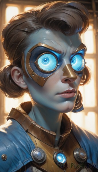 1girl,solo,looking at viewer,short hair,blue eyes,brown hair,upper body,parted lips,teeth,artist name,hair bun,lips,window,glowing,colored skin,single hair bun,goggles,portrait,bandaid,glowing eyes,backlighting,nose,blue skin,bandaid on face,grey skin,cyborg,black hair,closed mouth