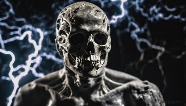 solo,looking at viewer,1boy,monochrome,upper body,male focus,teeth,blurry,no humans,blurry background,helmet,portrait,1other,skeleton,horror (theme),black background,skull,electricity,lightning