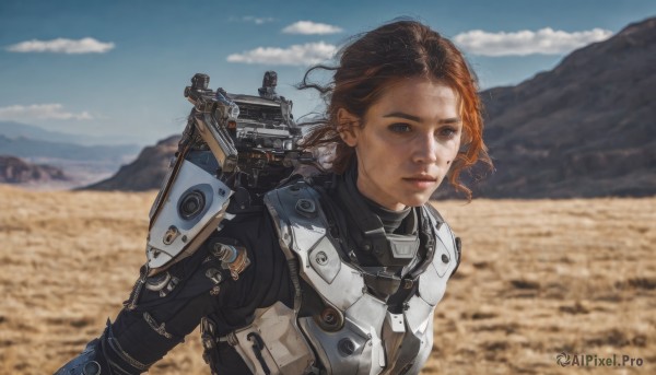 1girl,solo,looking at viewer,short hair,blue eyes,brown hair,brown eyes,closed mouth,upper body,outdoors,sky,day,cloud,medium hair,armor,mole,blurry,blue sky,lips,bodysuit,blurry background,freckles,science fiction,breastplate,mountain,realistic,power armor,desert,dirty