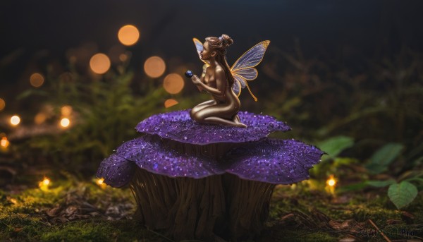 1girl,solo,breasts,brown hair,holding,sitting,closed eyes,flower,nude,outdoors,wings,horns,barefoot,pointy ears,dark skin,hair bun,blurry,from side,dark-skinned female,tree,completely nude,night,depth of field,blurry background,glowing,single hair bun,grass,bug,plant,nature,seiza,minigirl,purple flower,fairy wings,holding flower,fairy,mushroom,fireflies,tree stump,long hair,medium breasts,profile,leaf,light particles,forest,bokeh,butterfly wings