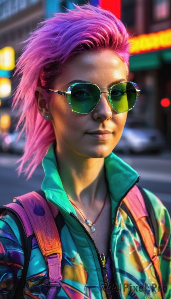 1girl,solo,looking at viewer,smile,short hair,jewelry,jacket,upper body,pink hair,male focus,earrings,parted lips,one eye closed,dark skin,medium hair,necklace,bag,blurry,lips,blurry background,watermark,piercing,sunglasses,backpack,ground vehicle,web address,motor vehicle,asymmetrical hair,realistic,nose,car,stud earrings,tinted eyewear,blue eyes,shirt,1boy,closed mouth,green eyes,outdoors,open clothes,artist name,open jacket,depth of field,ear piercing,multicolored clothes,zipper,unzipped,road,popped collar,multicolored jacket