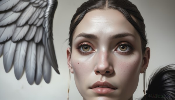 1girl,solo,looking at viewer,simple background,brown hair,black hair,brown eyes,jewelry,earrings,parted lips,wings,grey background,lips,eyelashes,feathers,portrait,feathered wings,freckles,realistic,closed mouth,blood,expressionless,close-up,angel wings,nose