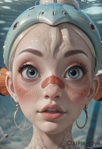 1girl,solo,looking at viewer,short hair,open mouth,blue eyes,blonde hair,jewelry,earrings,parted lips,teeth,artist name,blurry,lips,grey eyes,eyelashes,blurry background,portrait,close-up,freckles,hoop earrings,underwater,realistic,scales,blush,thick eyebrows,helmet,bandaid,nose,bandaid on face