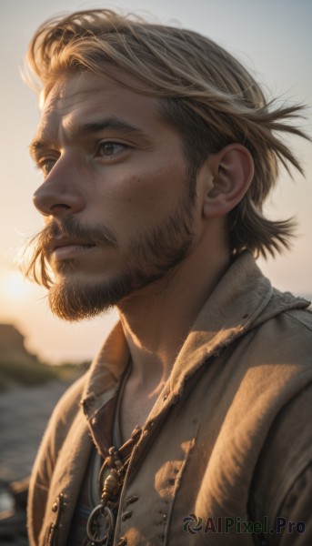 solo,short hair,blue eyes,blonde hair,brown hair,shirt,black hair,1boy,jewelry,upper body,male focus,outdoors,parted lips,signature,necklace,blurry,from side,looking to the side,blurry background,facial hair,thick eyebrows,portrait,beard,freckles,brown jacket,realistic,mustache,stubble,looking afar,brown eyes,jacket,sky,day,lips,grey eyes,depth of field,scar,sunlight,wind,scar on face,backlighting,nose,manly