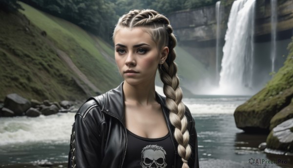 1girl,solo,long hair,breasts,blue eyes,blonde hair,shirt,cleavage,jewelry,medium breasts,closed mouth,jacket,upper body,braid,multicolored hair,earrings,outdoors,open clothes,day,water,open jacket,lips,black jacket,single braid,looking away,piercing,ear piercing,hair over shoulder,forehead,rock,realistic,nose,leather,river,waterfall,leather jacket,stream,looking at viewer,brown hair,collarbone,two-tone hair,black shirt,makeup,sunlight,braided ponytail,skull print